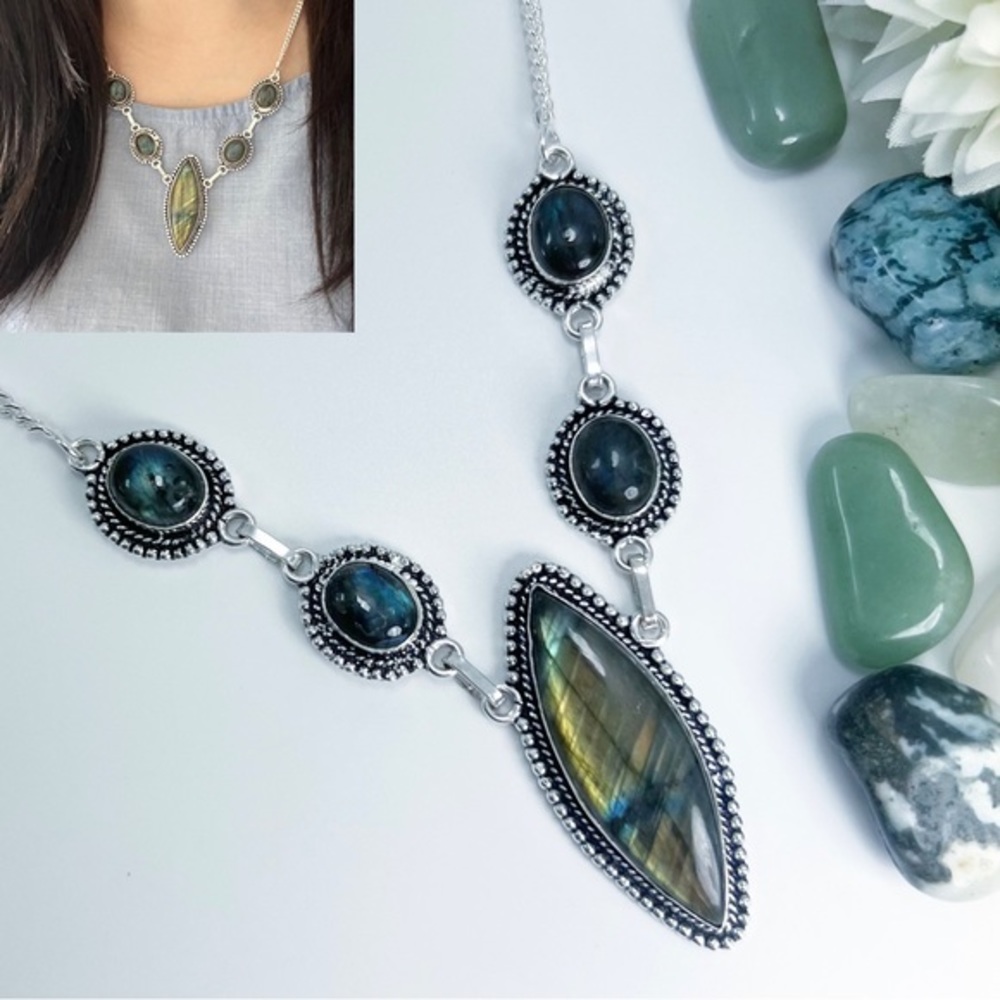 Marquise Labradorite Gemstone Green Blue Necklace Sterling Silver Vintage New